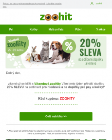 Zoohit.cz - 20% sleva pro Vašeho mazlíčka Víkendové zooHity
