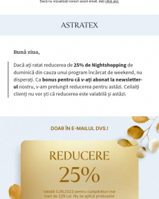 Astratex - 25% reducere valabilă astăzi. Doar pentru abonați la newsletter!