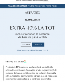 Astratex - Numai astăzi! Extra -10% chiar și la produsele cu discount.