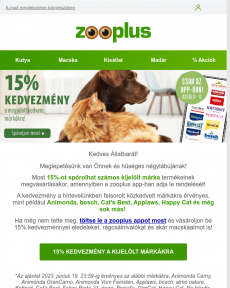 Zooplus - 15% kedvezmény várja az app-ban a kijelölt márkákra!