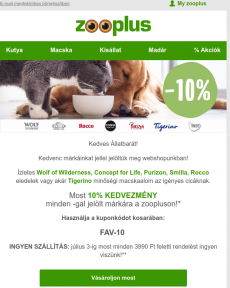 Zooplus - 10% kedvenc márkáinkra és INGYEN kiszállítás!