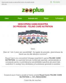 Zooplus - 10% reducere la Royal Canin Care Nutrition!