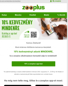 Zooplus - 10% kedvezmény MINDENRE a zooplus app-ban