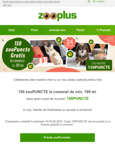 Zooplus - 150 zooPuncte Gratis la comenzi ≥199 lei. Cod: 150PUNCTE